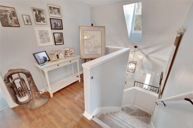 stairs with a skylight and hardwood / wood-style floors