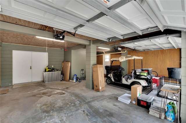 garage featuring a garage door opener and wooden walls