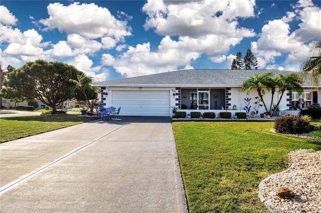 single story home featuring a front yard and a garage