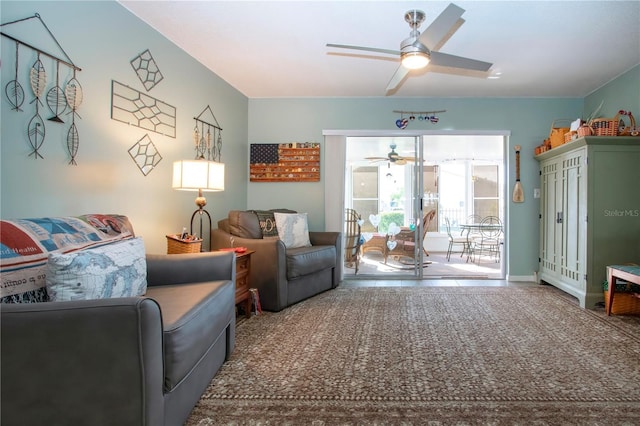 living area featuring ceiling fan