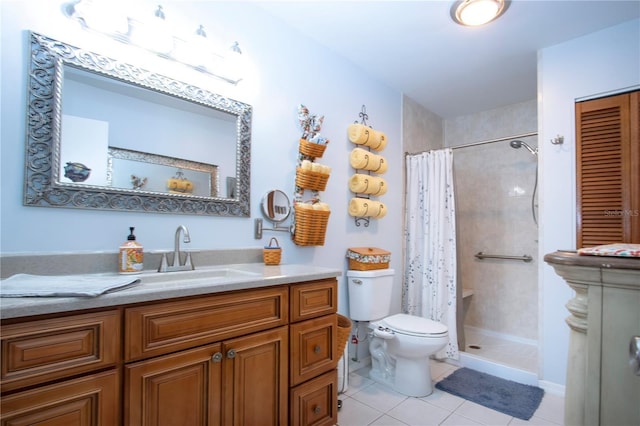 bathroom featuring tile patterned floors, a shower with curtain, vanity, and toilet