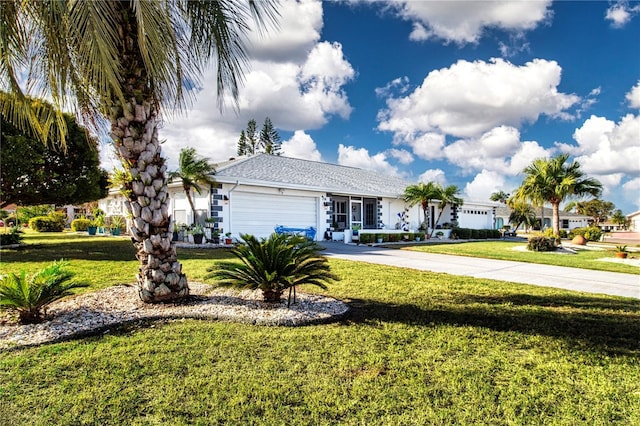 ranch-style home with a front lawn and a garage