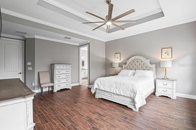 bedroom featuring ceiling fan, dark hardwood / wood-style flooring, and ornamental molding