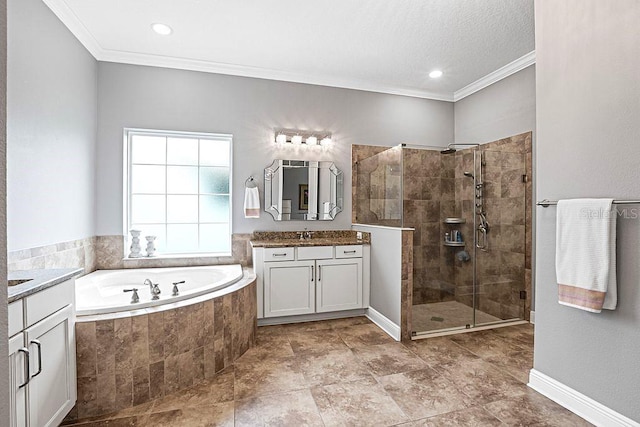 bathroom with vanity, ornamental molding, and plus walk in shower