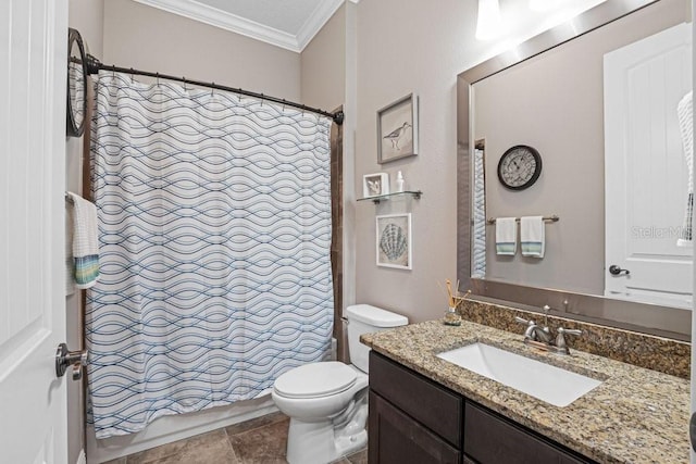 bathroom featuring a shower with shower curtain, vanity, toilet, and crown molding