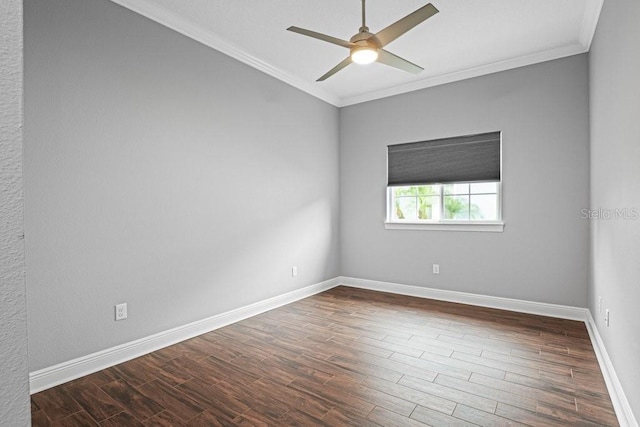 empty room featuring crown molding, dark hardwood / wood-style flooring, and ceiling fan