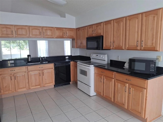 kitchen with sink, a textured ceiling, vaulted ceiling, light tile patterned flooring, and black appliances