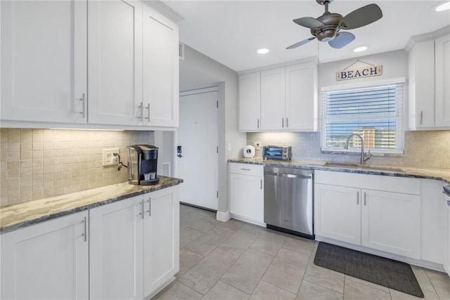 kitchen featuring backsplash, sink, white cabinets, and stainless steel dishwasher