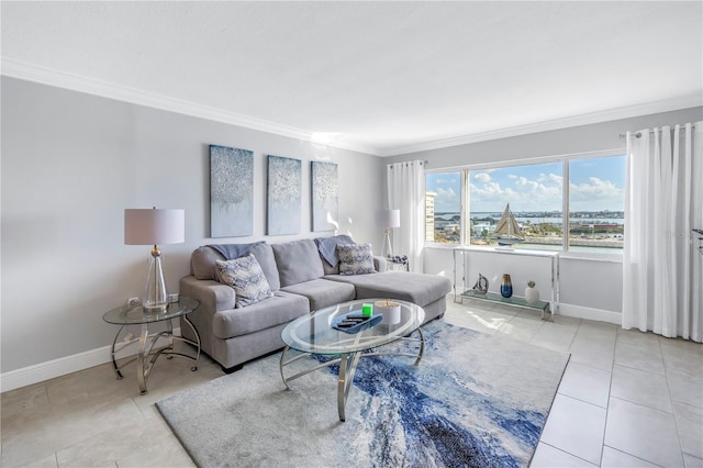 living room with light tile patterned floors and ornamental molding