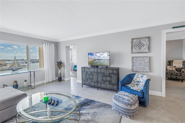 living room featuring crown molding and light tile patterned flooring