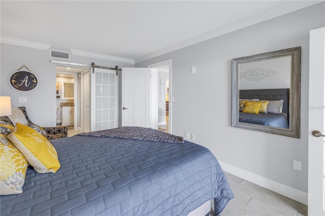 bedroom featuring a barn door, crown molding, and light tile patterned floors