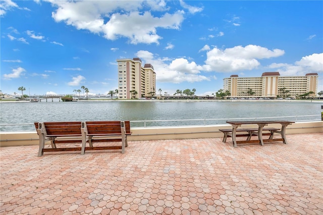 view of patio / terrace featuring a water view