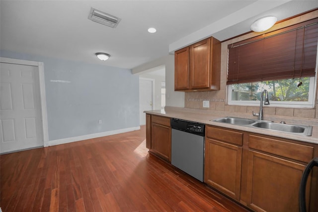 kitchen with backsplash, dishwasher, dark hardwood / wood-style floors, and sink