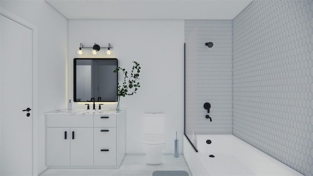 full bathroom with tile patterned floors, vanity, toilet, and washtub / shower combination