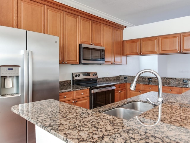 kitchen featuring stone counters, sink, stainless steel appliances, and ornamental molding