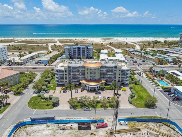 bird's eye view with a view of the beach and a water view