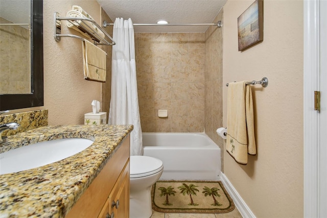 full bathroom featuring vanity, shower / bath combo, a textured ceiling, and toilet