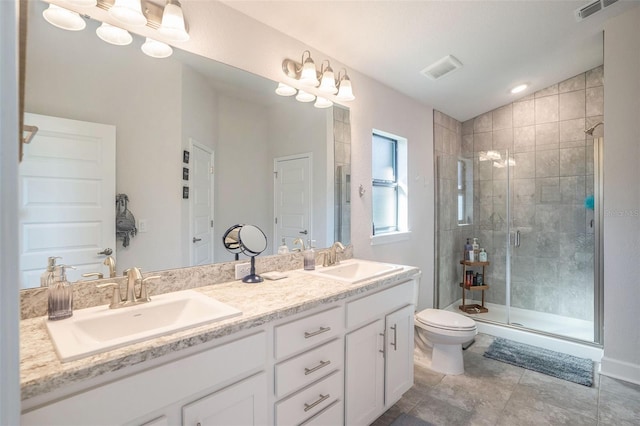 bathroom featuring toilet, vanity, vaulted ceiling, and walk in shower