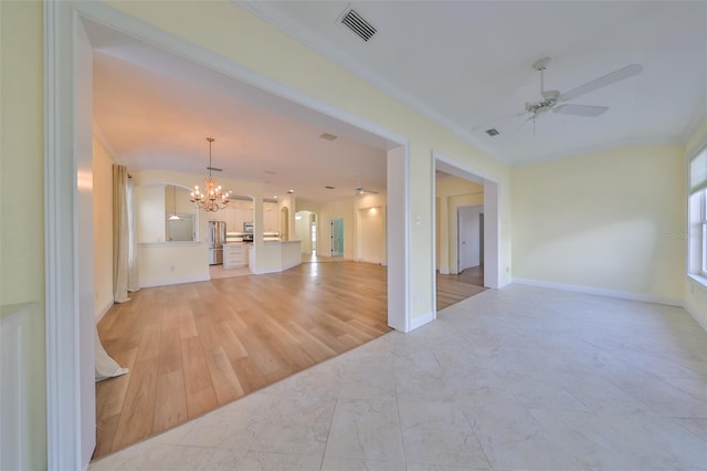 living room with crown molding, light hardwood / wood-style flooring, and ceiling fan with notable chandelier