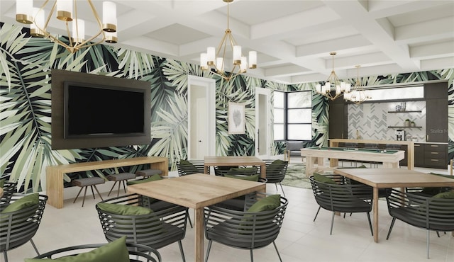 dining room featuring light tile patterned flooring, beam ceiling, a notable chandelier, and coffered ceiling