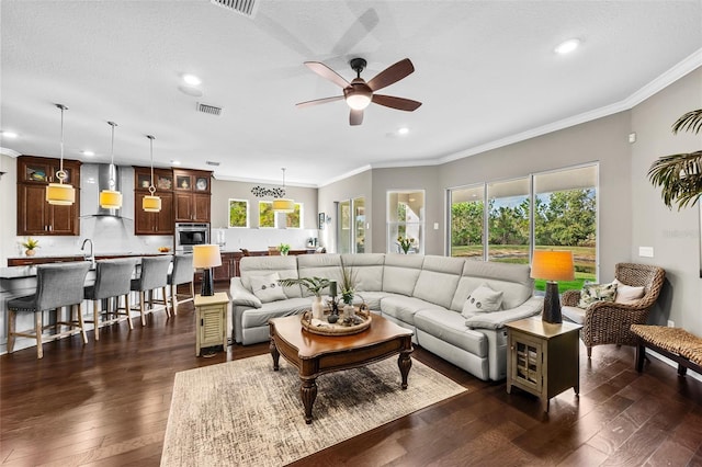 living room with dark hardwood / wood-style floors, ceiling fan, sink, and crown molding