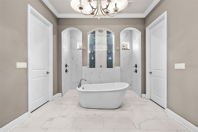 bathroom featuring ornamental molding, a tub, and a chandelier