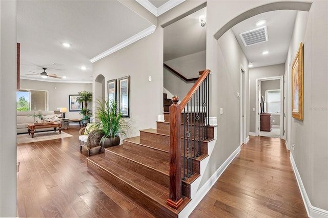 stairs featuring wood-type flooring, ceiling fan, and ornamental molding