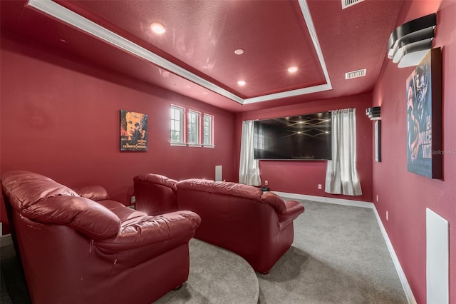 cinema room with a textured ceiling, carpet floors, and a tray ceiling