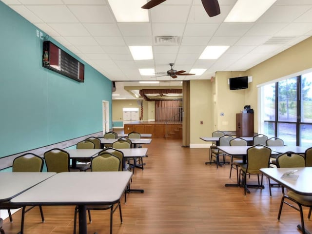 dining room featuring hardwood / wood-style floors, a drop ceiling, and ceiling fan