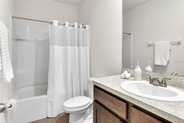 full bathroom with tile patterned flooring, shower / bath combination with curtain, vanity, and toilet