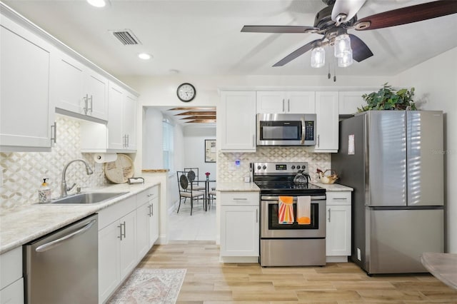 kitchen featuring appliances with stainless steel finishes, backsplash, sink, light hardwood / wood-style flooring, and white cabinets