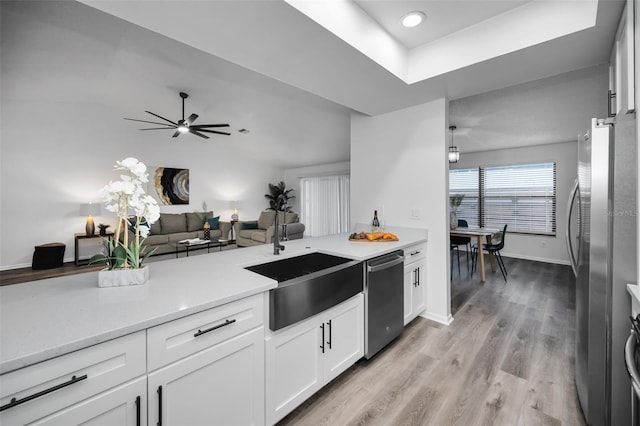 kitchen featuring sink, light hardwood / wood-style flooring, ceiling fan, white cabinetry, and stainless steel appliances