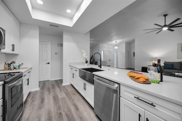 kitchen with sink, appliances with stainless steel finishes, a tray ceiling, white cabinets, and light wood-type flooring