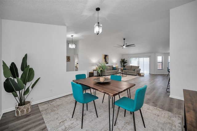 dining area featuring ceiling fan, wood-type flooring, a textured ceiling, and vaulted ceiling