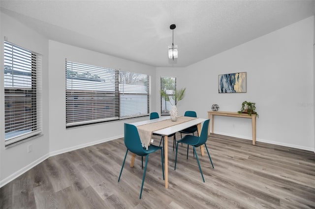 dining space featuring a textured ceiling, hardwood / wood-style flooring, and vaulted ceiling