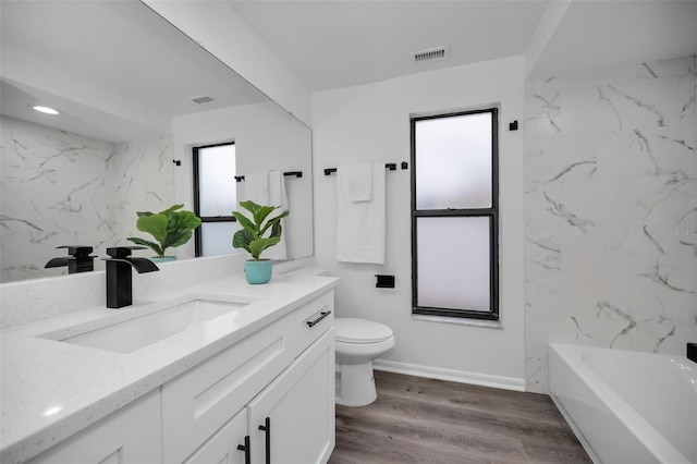 bathroom with vanity, toilet, and wood-type flooring