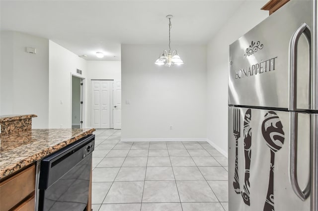 kitchen with black dishwasher, fridge, decorative light fixtures, a notable chandelier, and dark stone countertops