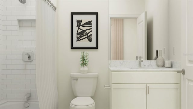 full bathroom featuring shower / bathtub combination with curtain, vanity, and toilet