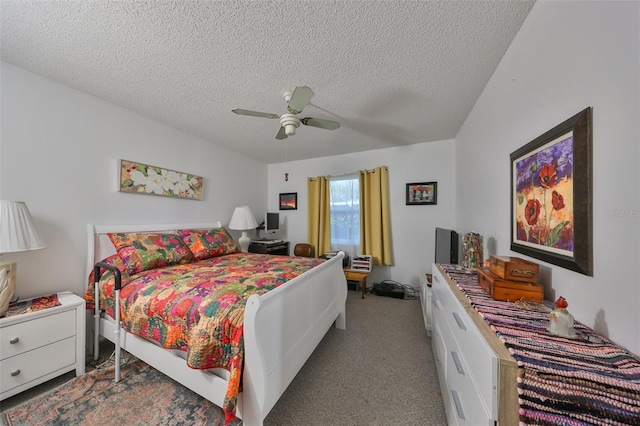 bedroom with light carpet, a textured ceiling, and ceiling fan