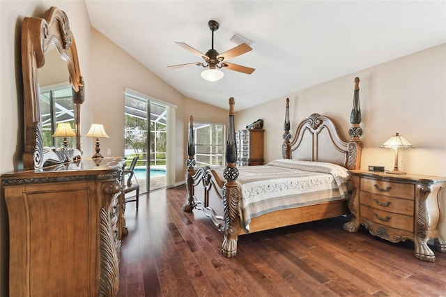 bedroom featuring ceiling fan, dark hardwood / wood-style flooring, vaulted ceiling, and access to outside