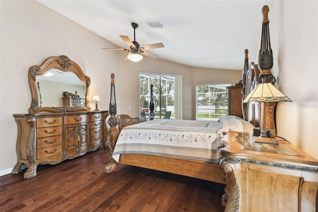 bedroom featuring lofted ceiling, dark wood-type flooring, access to exterior, and ceiling fan