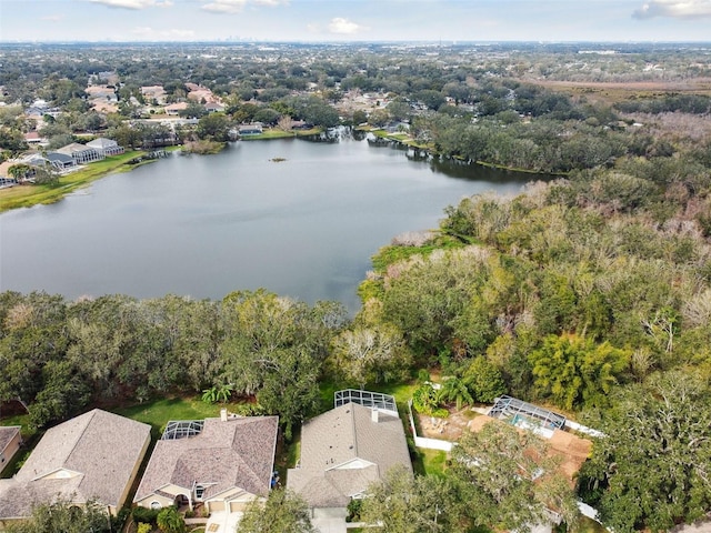 drone / aerial view featuring a water view