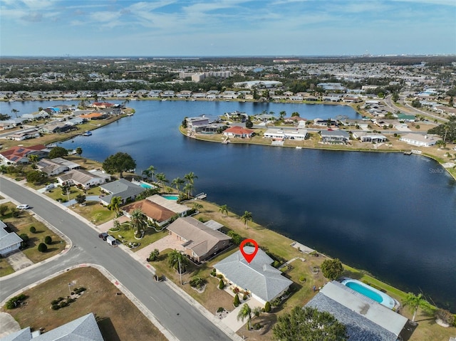 drone / aerial view featuring a water view