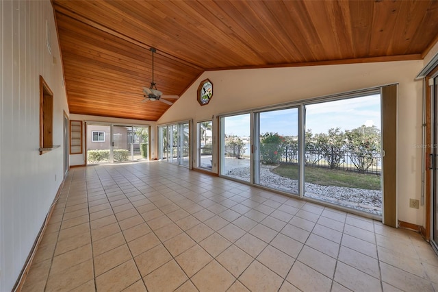 unfurnished sunroom featuring a healthy amount of sunlight, lofted ceiling, and wood ceiling