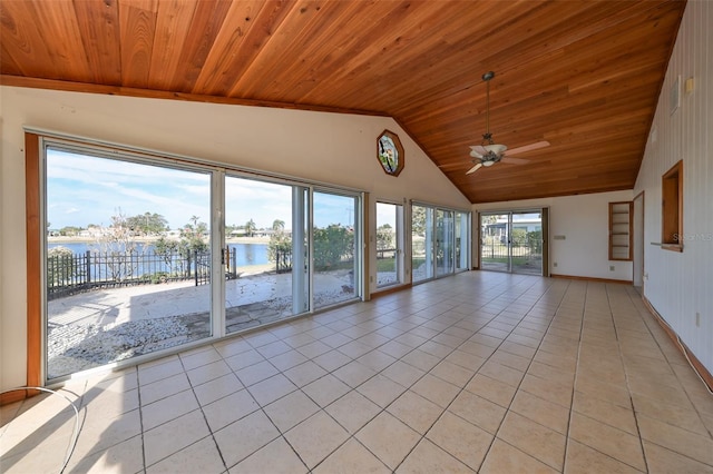 spare room featuring ceiling fan, wooden ceiling, high vaulted ceiling, a water view, and light tile patterned flooring