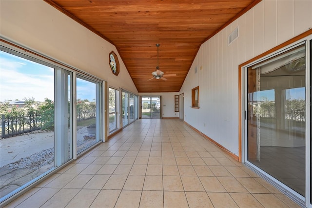 unfurnished sunroom with ceiling fan, wooden ceiling, and lofted ceiling