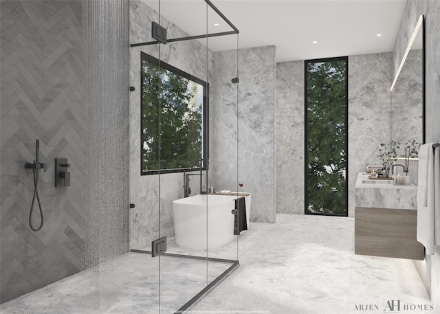 bathroom featuring floor to ceiling windows, vanity, and shower with separate bathtub