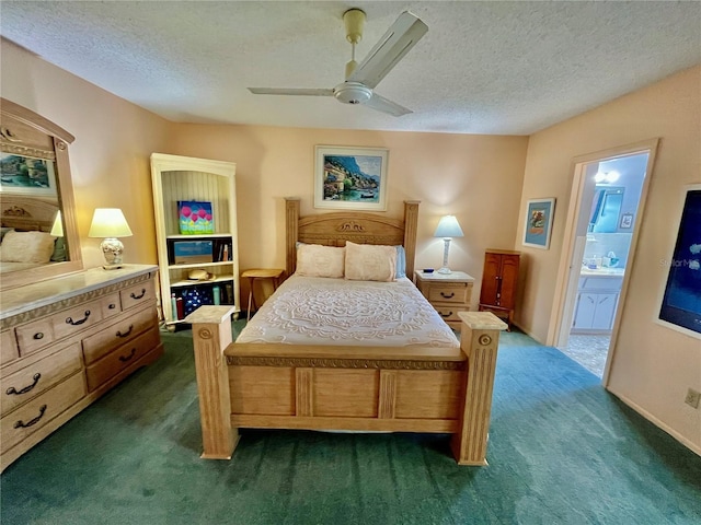 bedroom with connected bathroom, baseboards, a textured ceiling, a ceiling fan, and dark colored carpet