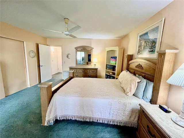 carpeted bedroom with a ceiling fan