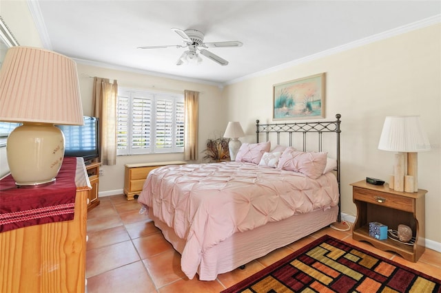 19029 US Highway 19 Unit 25D, Clearwater, FL 33764 - bedroom featuring a ceiling fan, light tile patterned flooring, baseboards, and ornamental molding